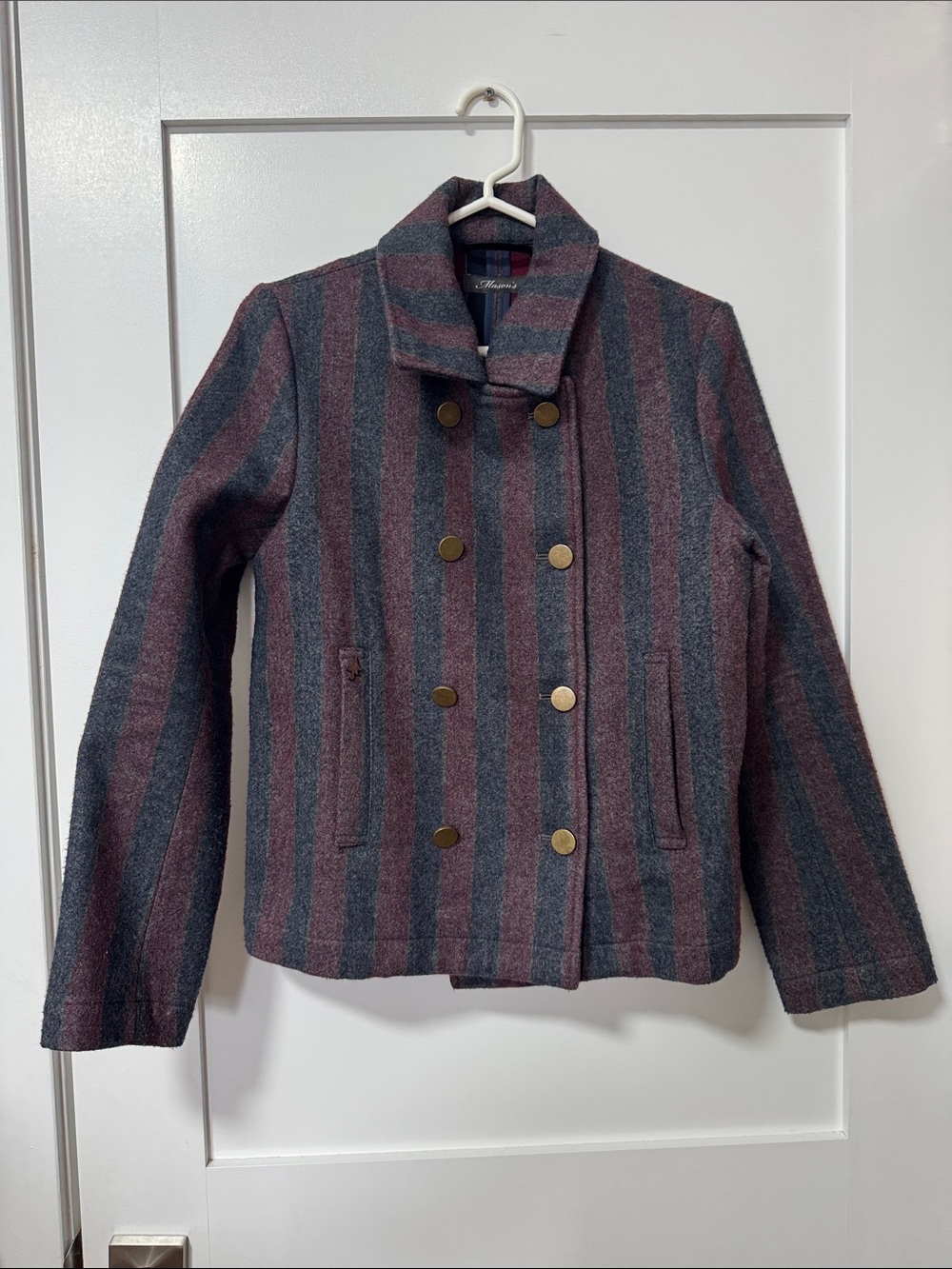 Striped Double-Breasted Pea Coat in Gray & Burgundy